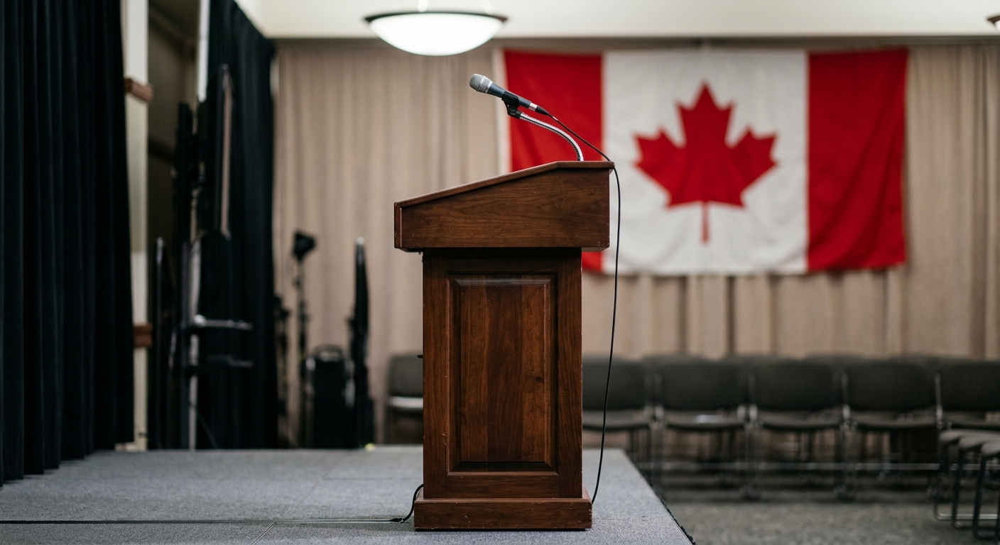 an empty wooden podium with a microphone in a standard press briefing room, a blurred red and white maple leaf flag in the background, natural everyday lighting