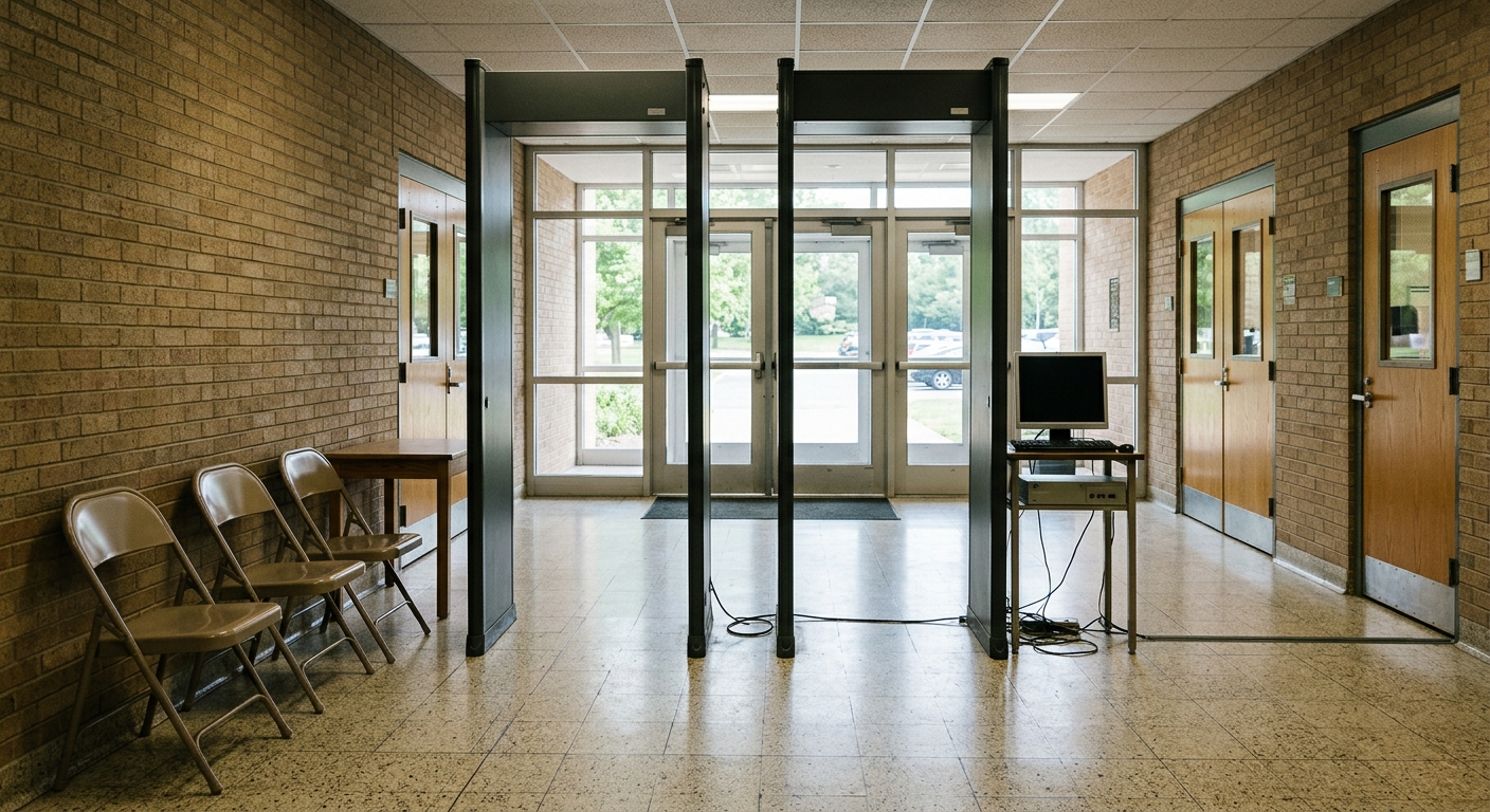 two tall, grey security screening pillars set up inside the tiled entrance hallway of a suburban American public school, with a few empty folding chairs positio