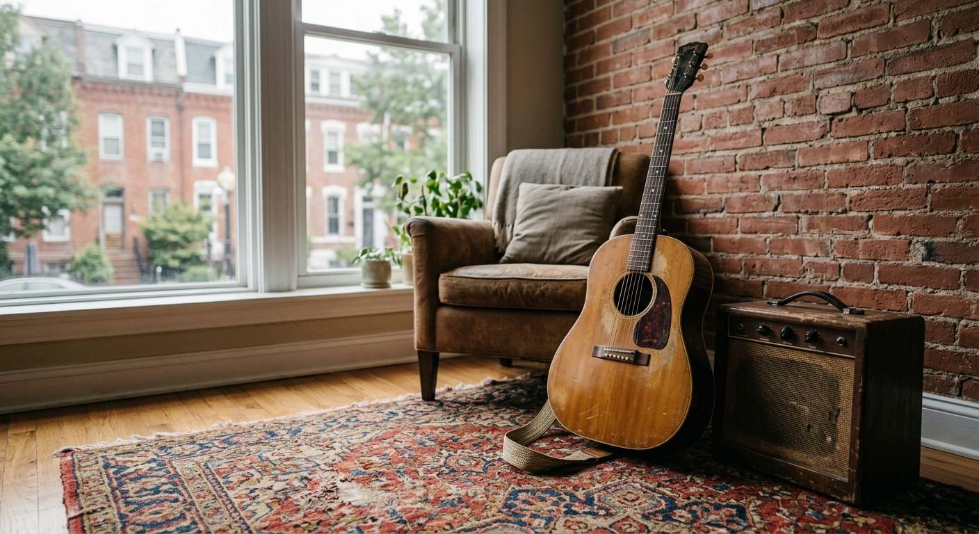 an acoustic guitar resting on a worn vintage rug next to a small wooden amplifier inside a cozy apartment living room, with exposed brick walls and a large wind