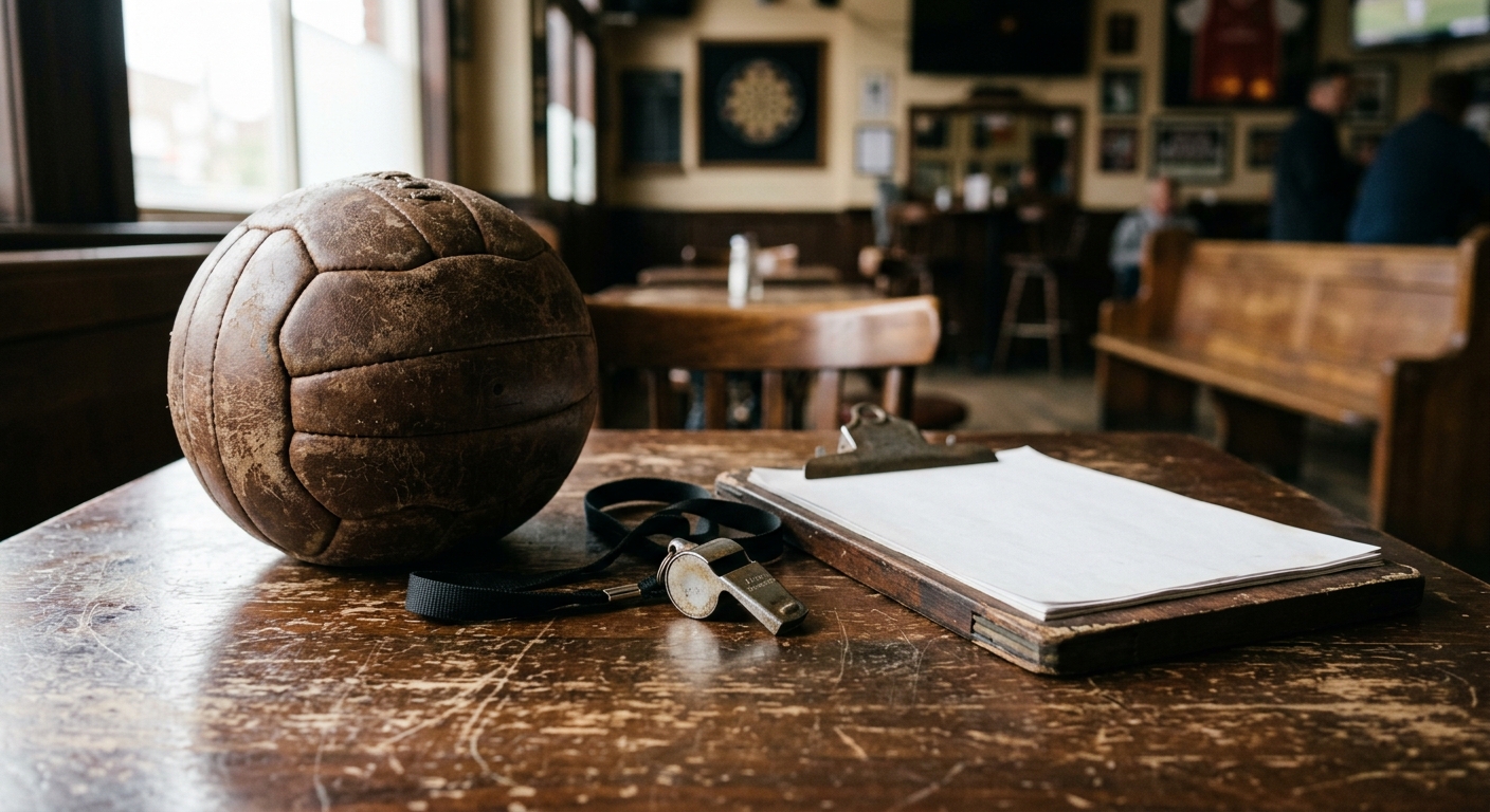 a vintage leather football resting next to a metal coach's whistle and a closed clipboard on a scratched wooden table inside a quiet local sports pub, natural e