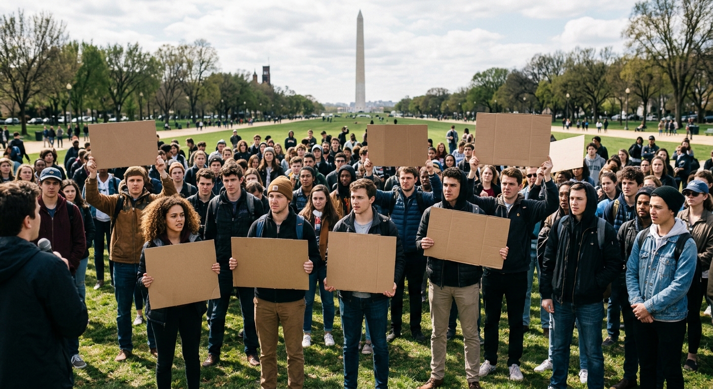 a crowd of young adults standing on a grassy lawn during a daytime demonstration, holding blank cardboard signs, with the Washington Monument in the distant bac