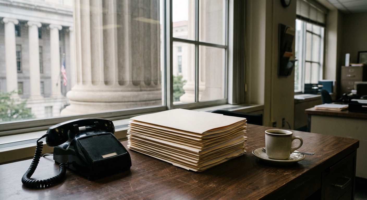 a stack of closed manila folders, a black landline telephone, and a cup of coffee on a dark wooden desk in a government office, with a window in the background