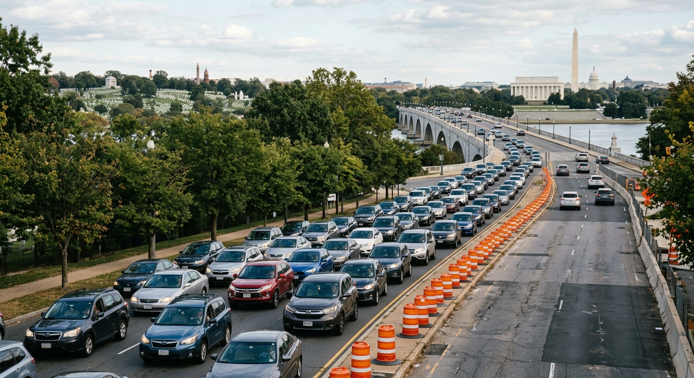 heavy commuter car traffic stalled along a tree-lined avenue near a classic white stone memorial bridge, with distant views of historic cemetery grounds and mon