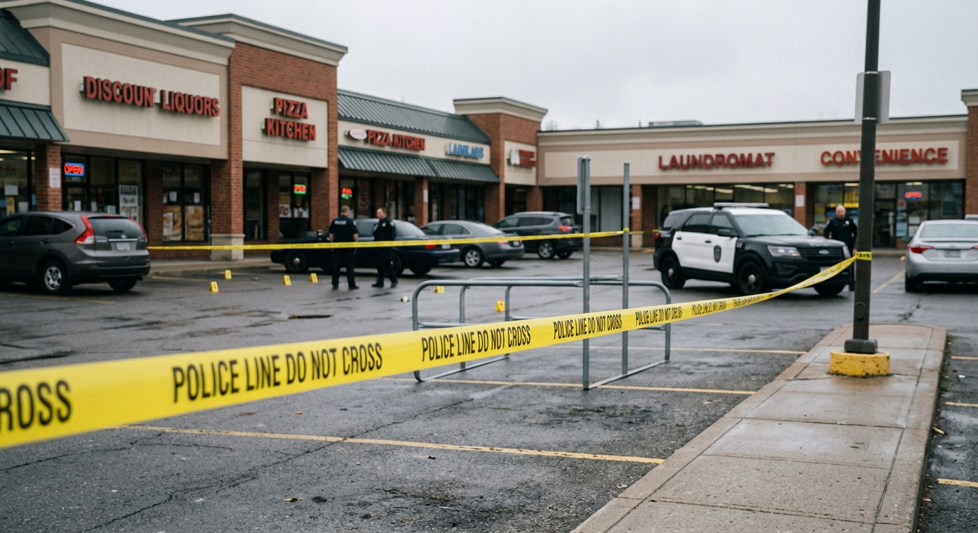 yellow crime scene tape blocking off a section of a typical suburban strip mall parking lot on an overcast morning, with an out-of-focus police cruiser parked i