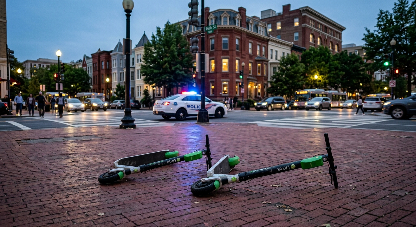 two electric scooters lying on their sides on a red brick sidewalk at a city street corner, with blurred generic police vehicle lights in the background, set al