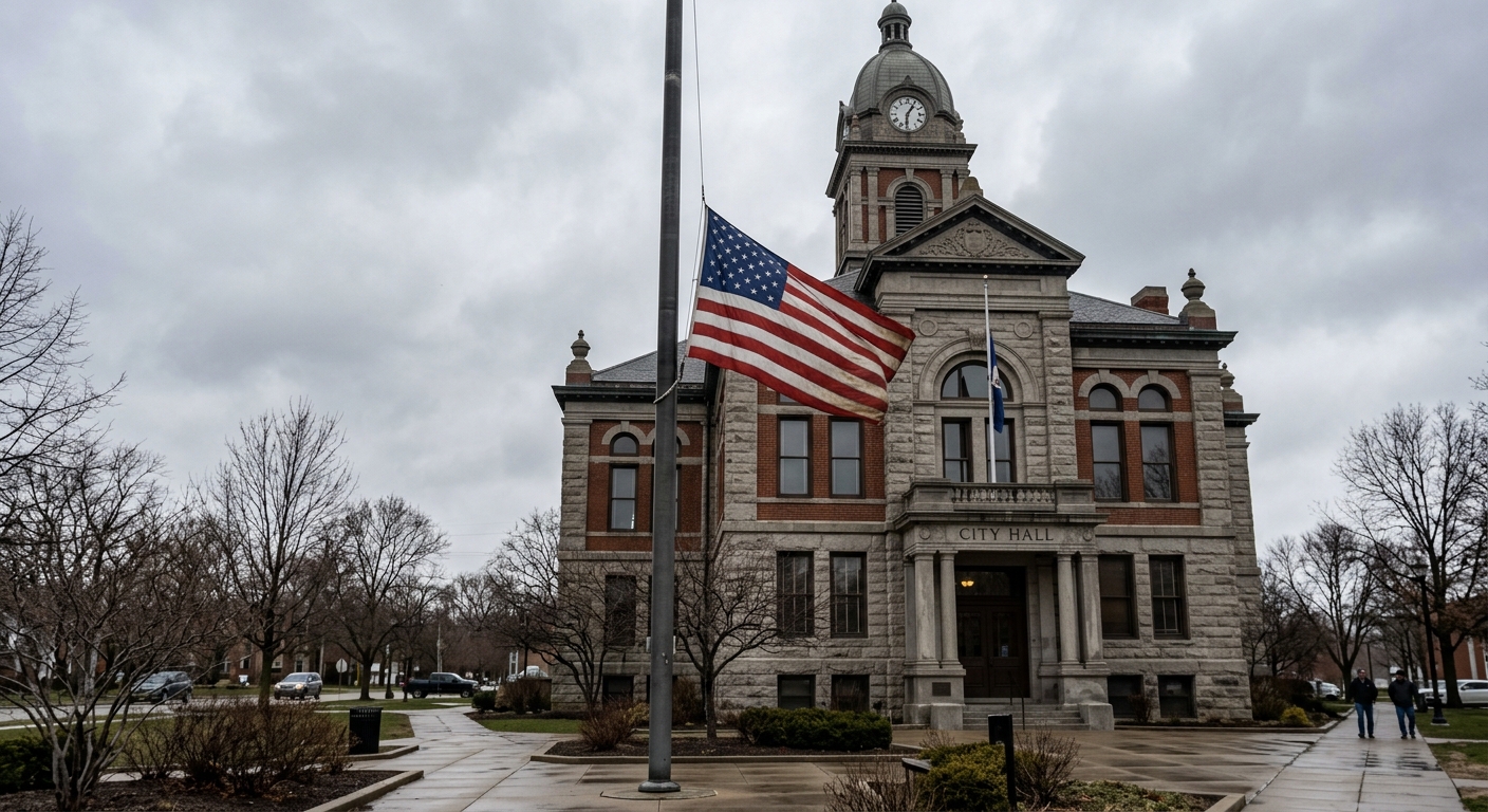 an American flag flying at half-mast on a metal pole in front of a classic stone and brick municipal building on an overcast day, natural everyday lighting, sho