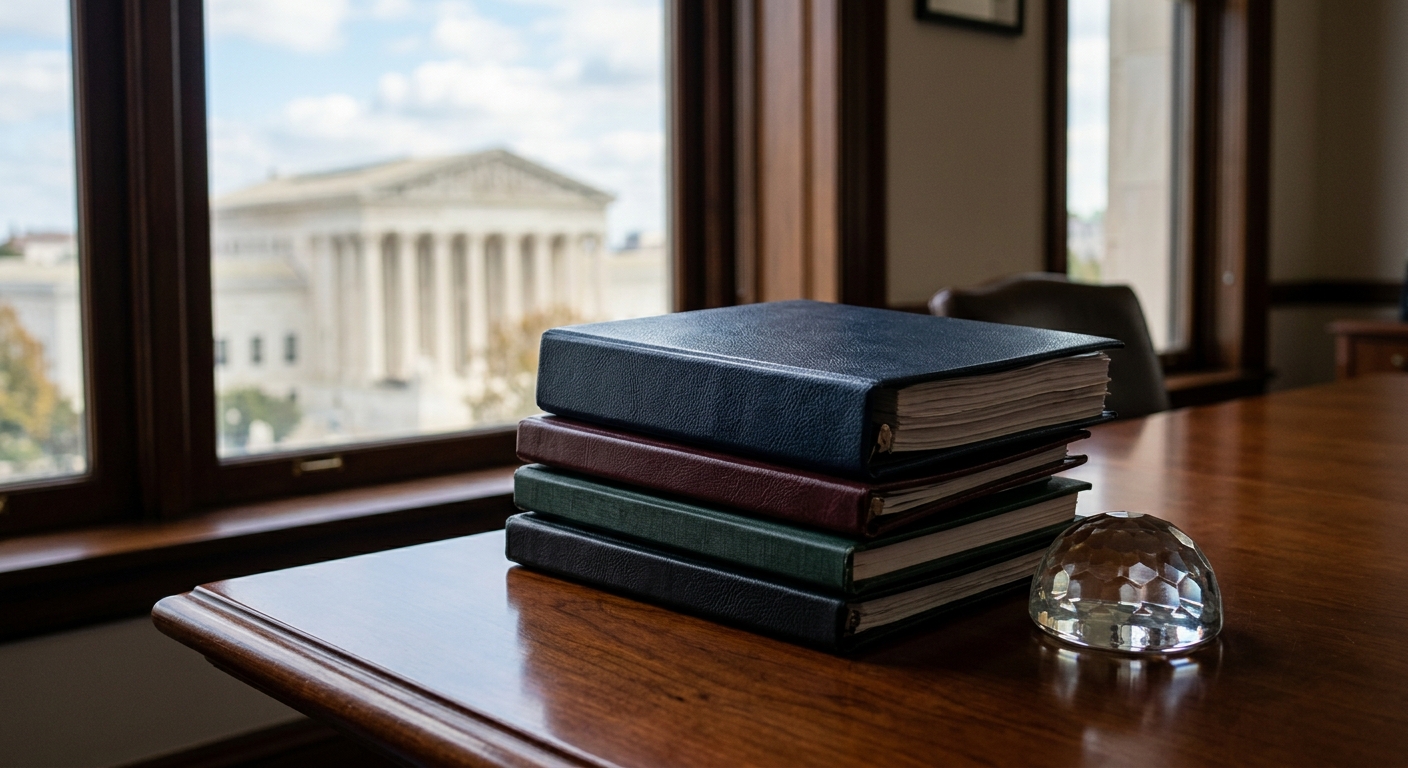 a stack of thick policy portfolios and a glass paperweight resting on a polished mahogany conference table, with a slightly out-of-focus neo-classical federal b