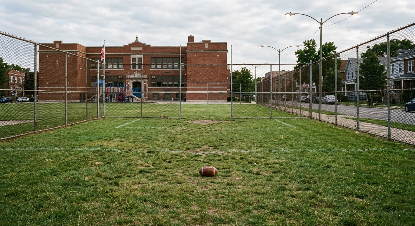 an empty community sports field surrounded by a chain-link fence in an urban neighborhood, with a red brick school building and streetlights in the background,