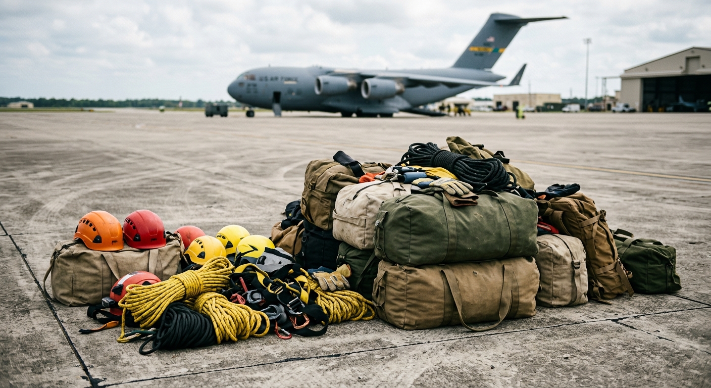 heavy-duty search and rescue equipment, including stacked canvas duffel bags, safety helmets, and coiled ropes, staged on a concrete airport tarmac with a large