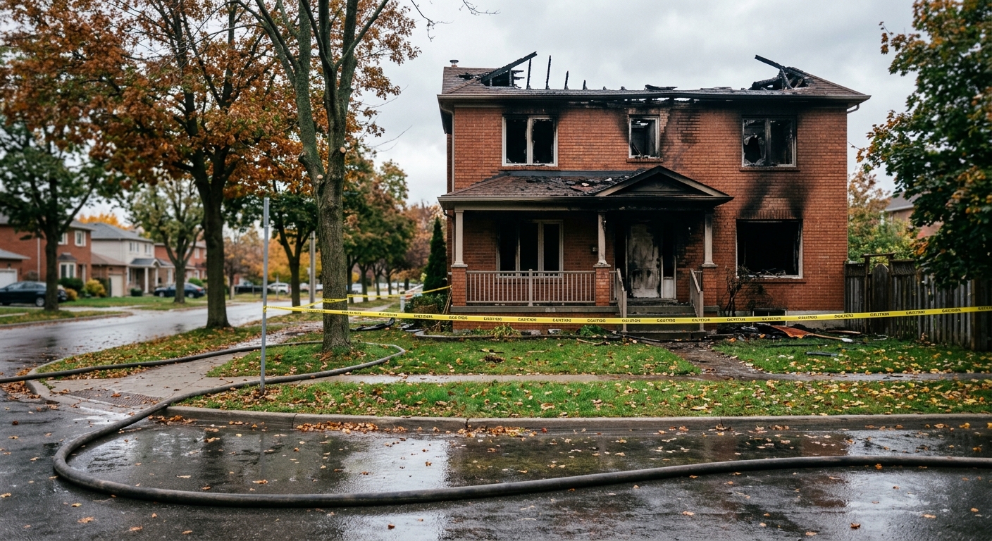 the smoke-damaged exterior of a two-story brick residential house on a tree-lined street, with yellow caution tape stretched across the front yard and a thick f