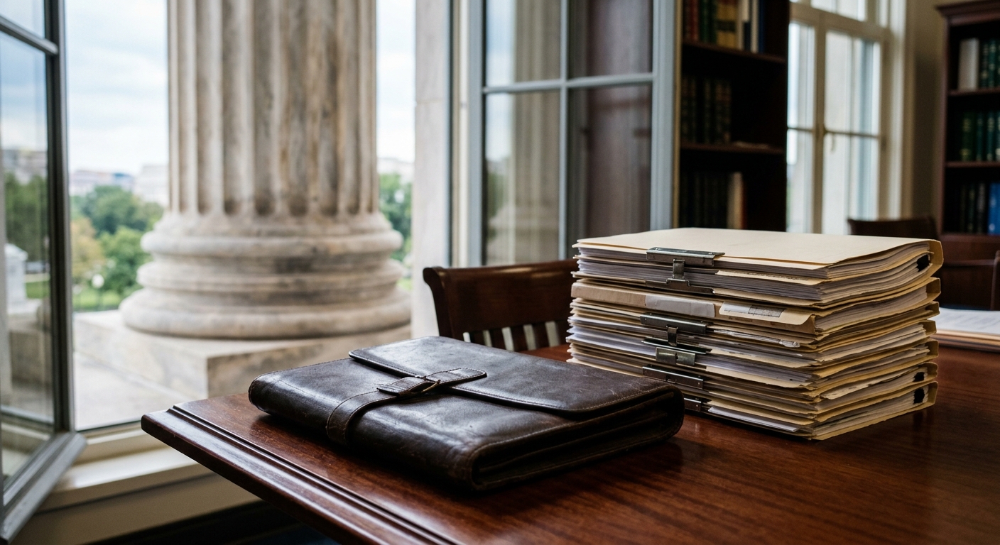 a closed leather portfolio and a stack of official government dossiers on a mahogany desk inside a Washington D