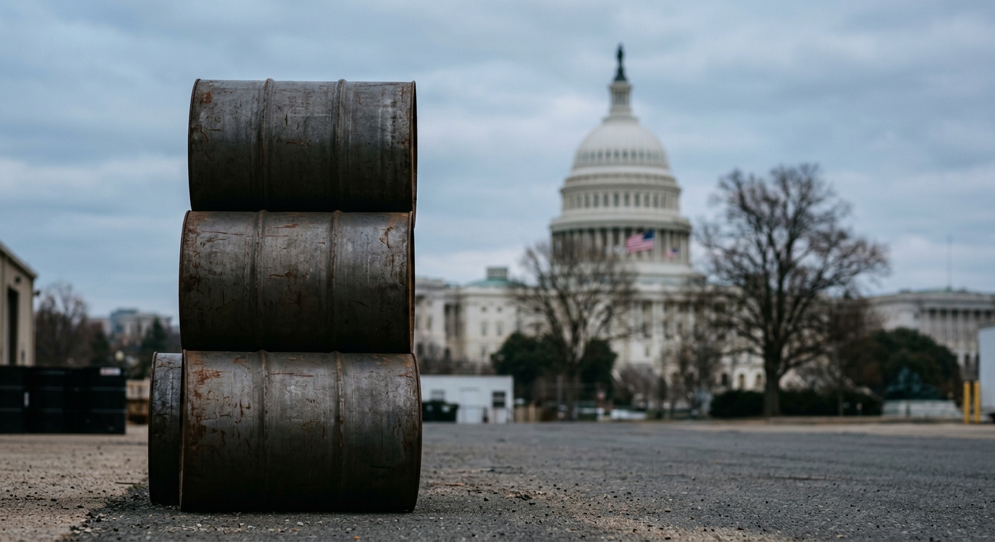 stacked metal industrial fuel barrels in the foreground with a soft-focus view of the neoclassical dome of the United States Capitol building in the background,