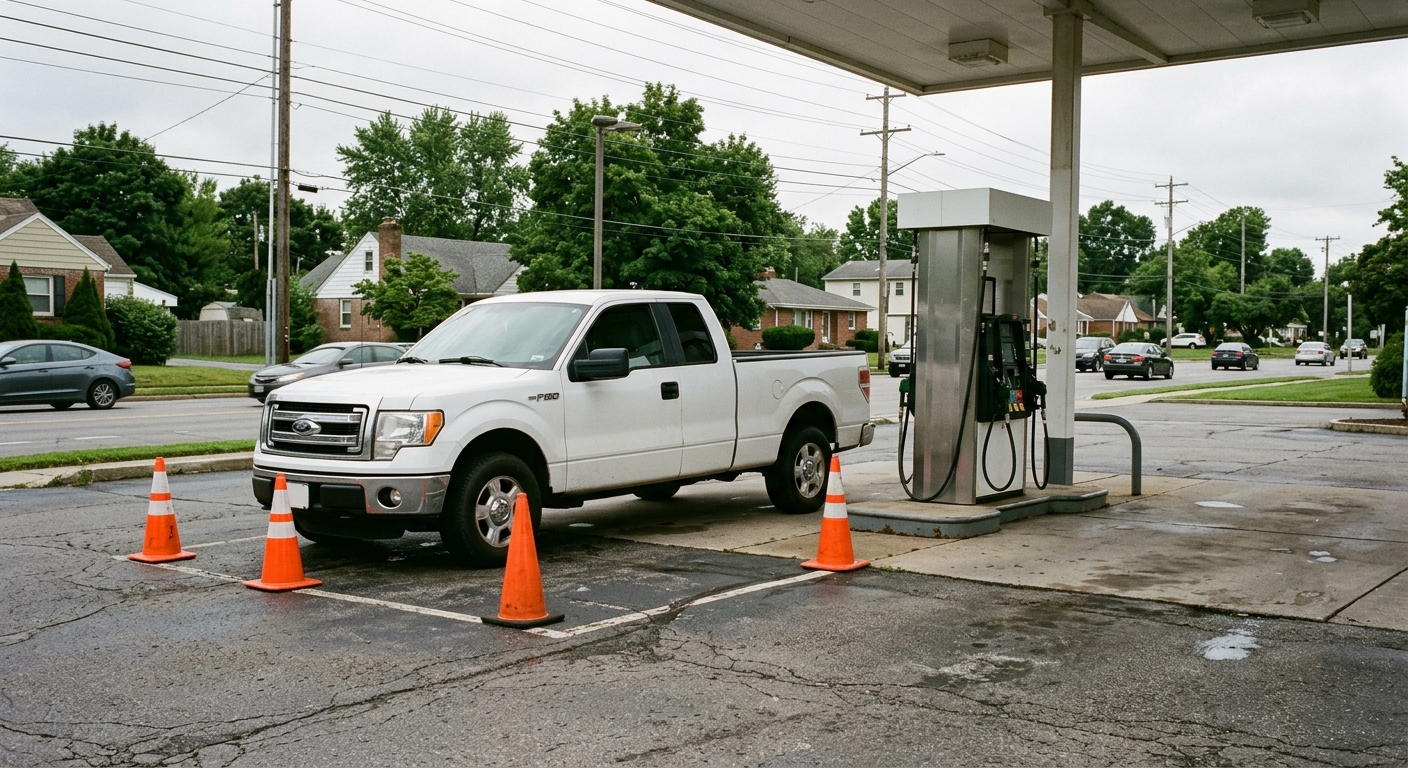 a white pickup truck parked near fuel pumps at a suburban gas station, orange traffic cones placed on the asphalt nearby to mark off an area, overcast mid-morni
