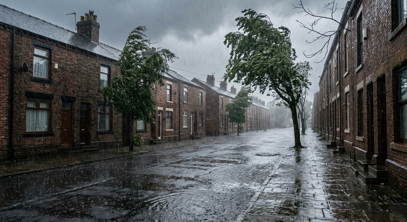 a rain-swept street lined with classic brick rowhouses during a heavy storm, thick rain pouring down and wind bending the branches of street trees, large puddle