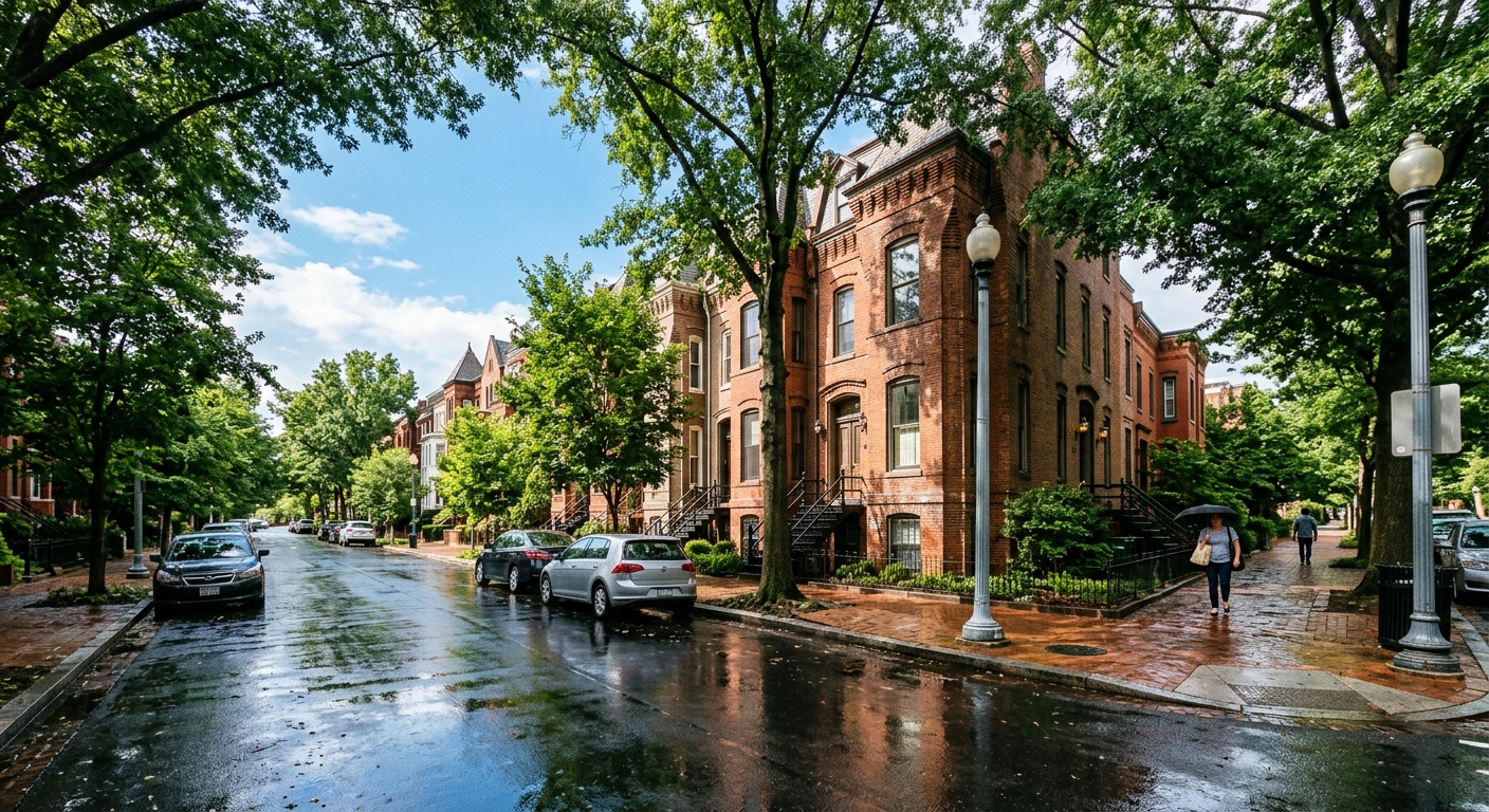 a tree-lined residential street with historic brick rowhouses in Washington D