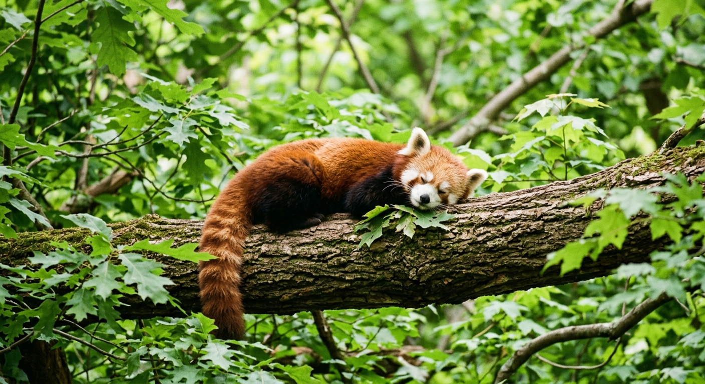 a young red panda resting on a thick wooden branch amidst lush green deciduous leaves inside a natural conservation habitat, natural everyday lighting, shot on