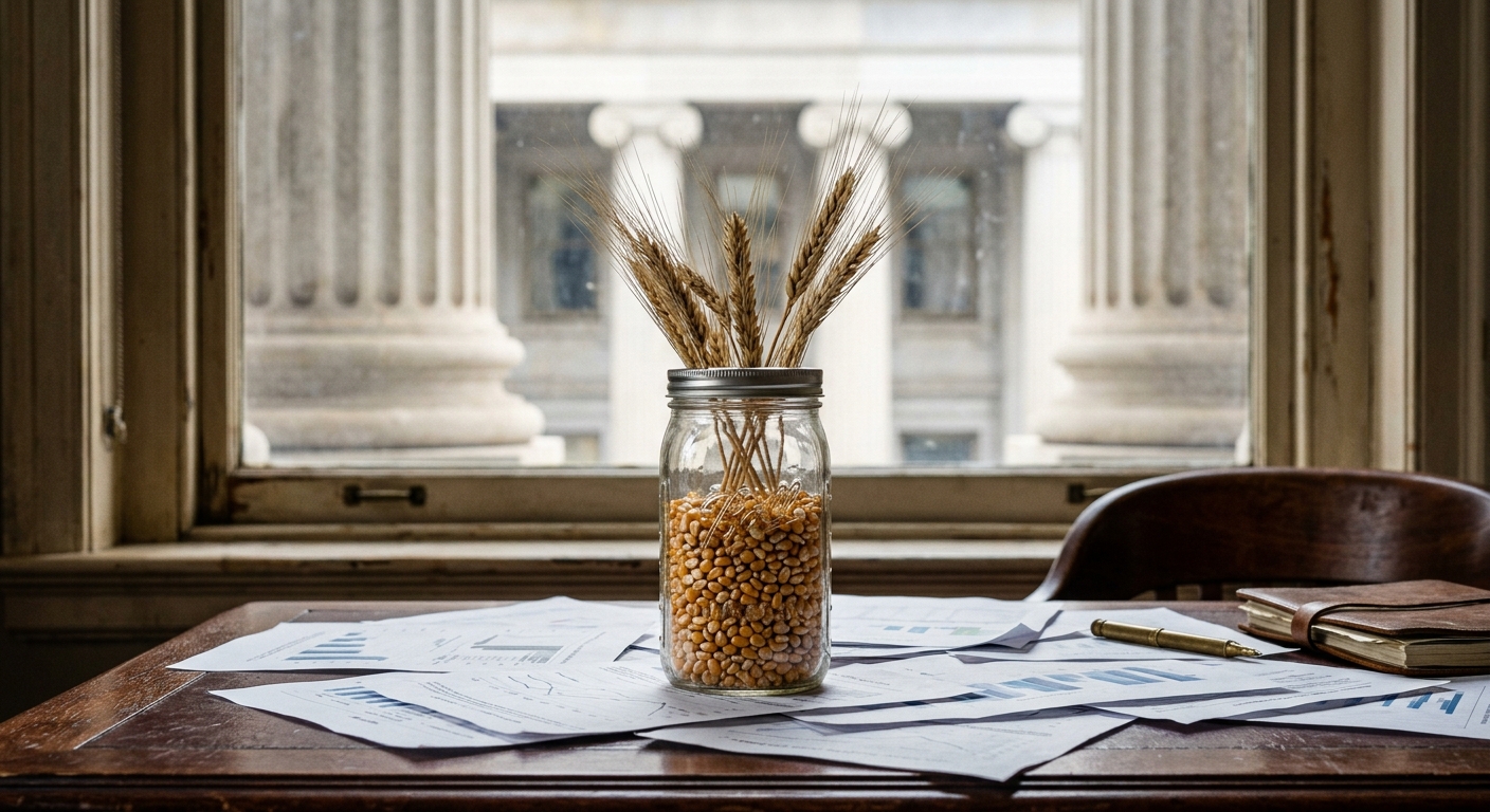 a glass jar filled with raw corn kernels and wheat stalks sitting on top of scattered paper financial reports on a dark mahogany desk, with a blurred window in