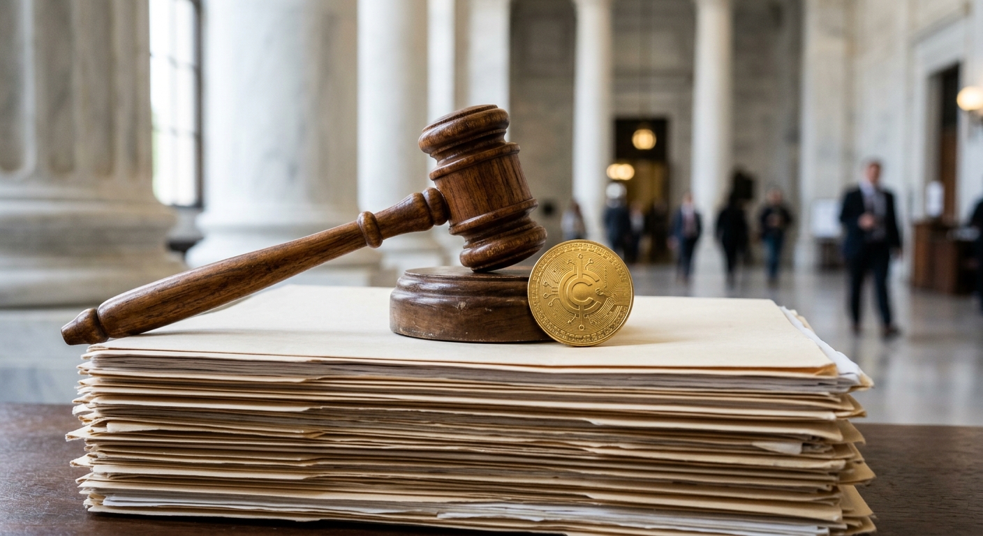 a wooden legal gavel and a generic gold cryptocurrency coin resting on a thick stack of plain manila folders, with the blurred white marble columns of a governm
