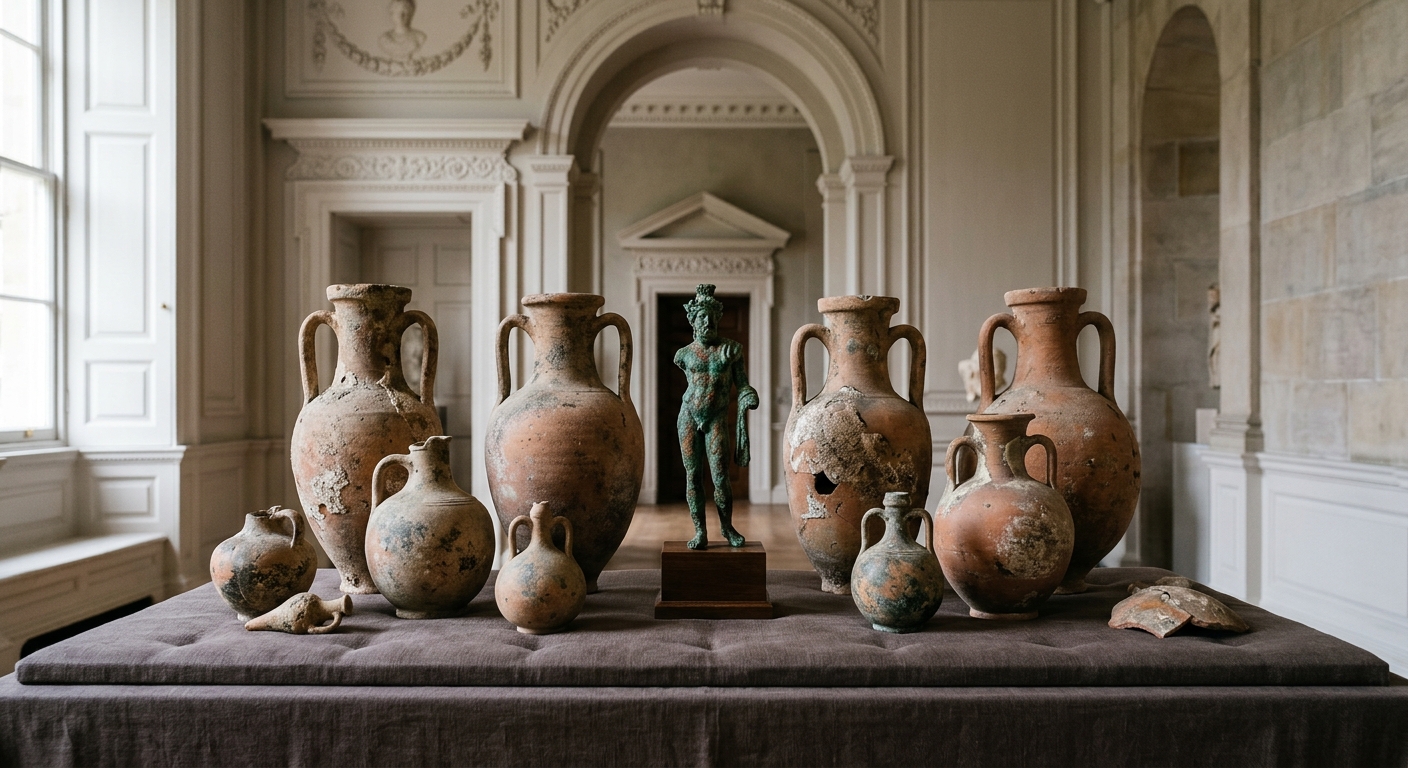 several ancient, weathered terracotta amphorae, small pottery flasks, and an oxidized bronze statuette carefully arranged on a padded display table inside a for