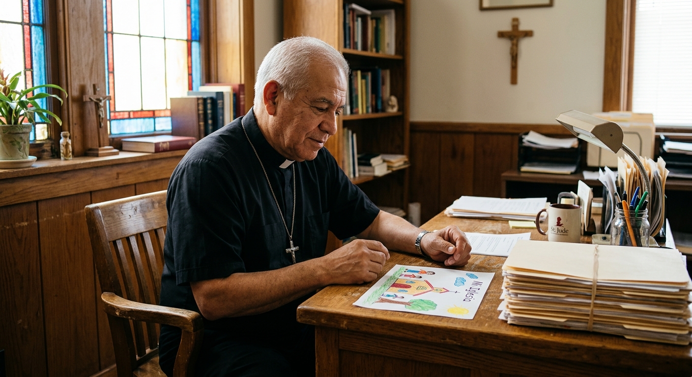 an older Hispanic priest sitting at a wooden desk in a modest church office, looking thoughtfully at a child's crayon drawing resting next to a stack of blank m