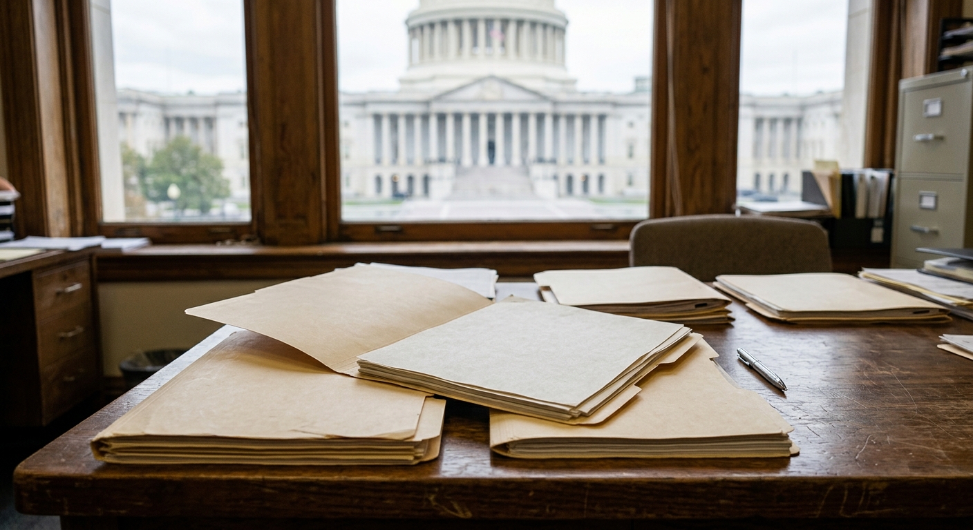 several manila folders and official documents resting on a wooden desk inside an office, with a blurred view of a neoclassical government building out the windo