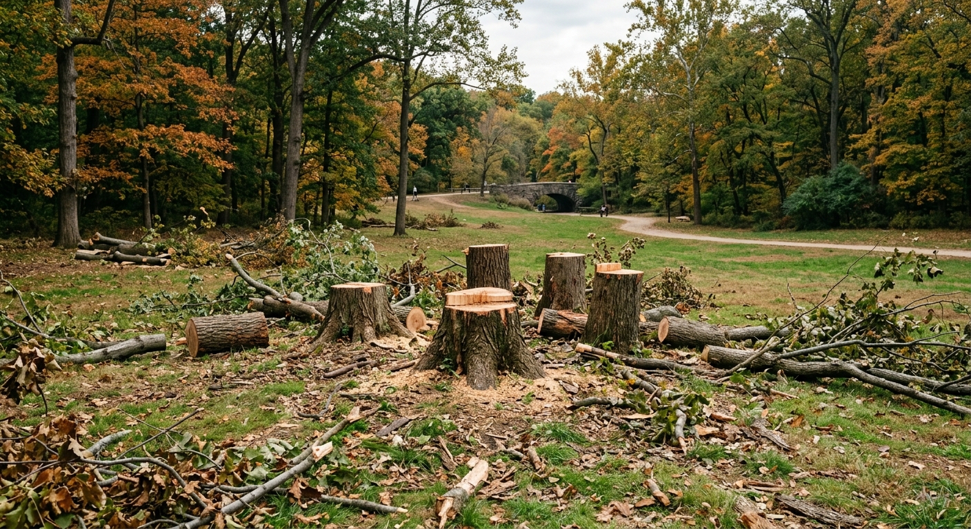 several freshly cut tree stumps and scattered branches in a large grassy public park, surrounded by mature deciduous trees, capturing the atmosphere of a Washin