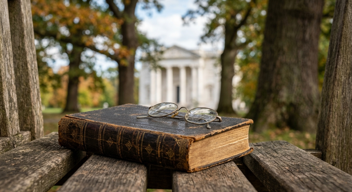 an antique hardcover book and a pair of reading glasses resting on a wooden park bench, with a softly blurred background showing large oak trees and a distant w