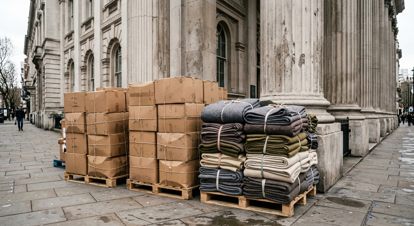 stacked cardboard boxes of humanitarian aid and folded heavy blankets on wooden pallets, sitting on a city sidewalk next to a building with tall neoclassical st