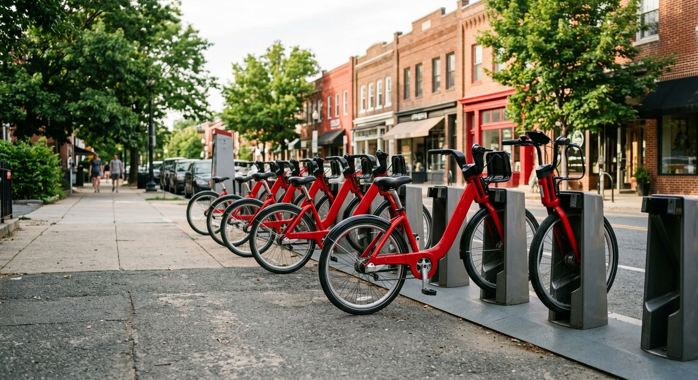 a row of red public bikeshare bicycles parked at a docking station on a paved suburban sidewalk, with a background featuring mature trees and brick commercial b
