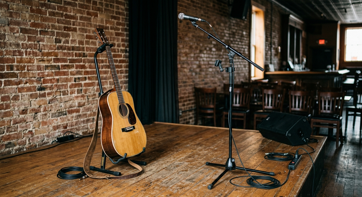 an acoustic guitar on a stand next to a microphone on a small wooden stage in an intimate, empty live music venue with exposed brick walls, natural everyday lig