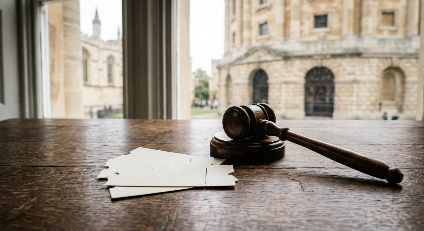 blank paper event admission tickets resting next to a wooden gavel on a dark wooden desk, with a soft blurred view of neoclassical stone architecture through a