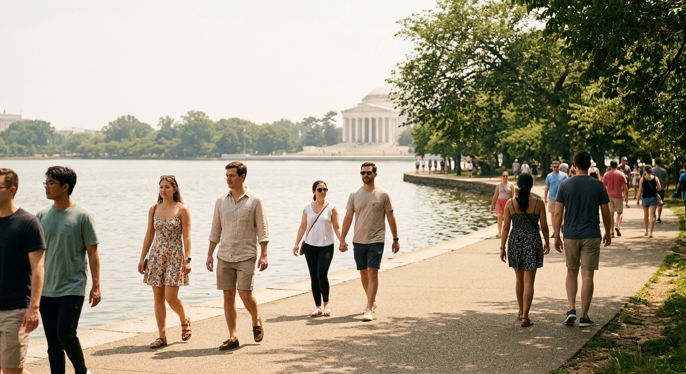 pedestrians in light summer clothing walking along a sunlit pathway near the Tidal Basin in Washington D