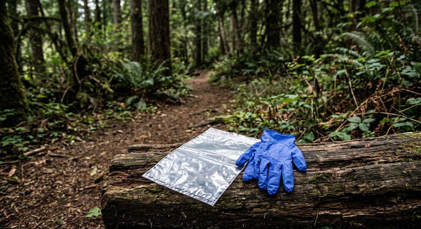 an empty clear plastic evidence bag and a pair of blue nitrile gloves resting on a wooden log beside a shaded dirt walking trail surrounded by dense trees, natu