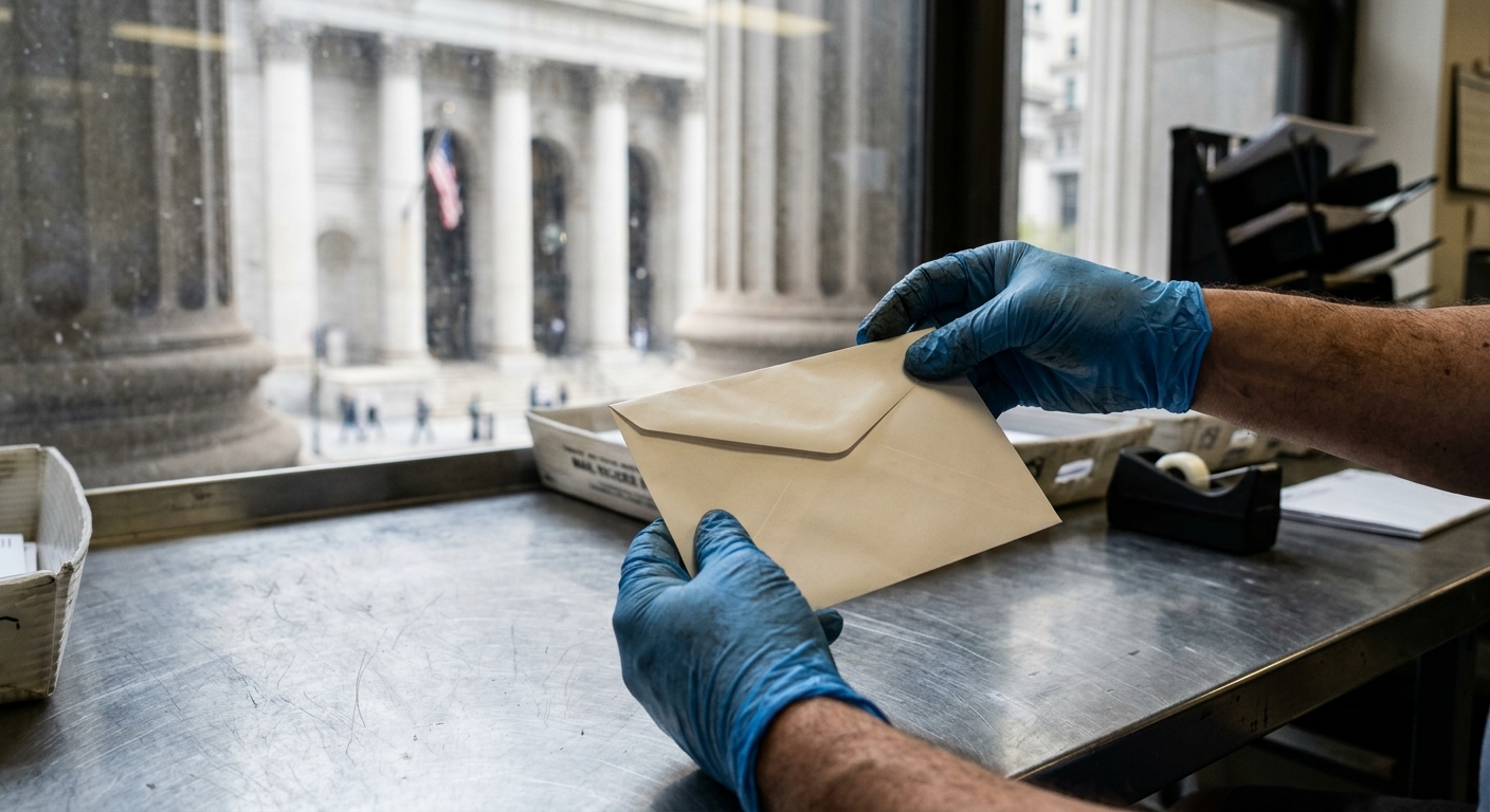 a pair of hands wearing blue nitrile gloves carefully inspecting a plain sealed envelope on a stainless steel sorting table inside a federal office, with blurre