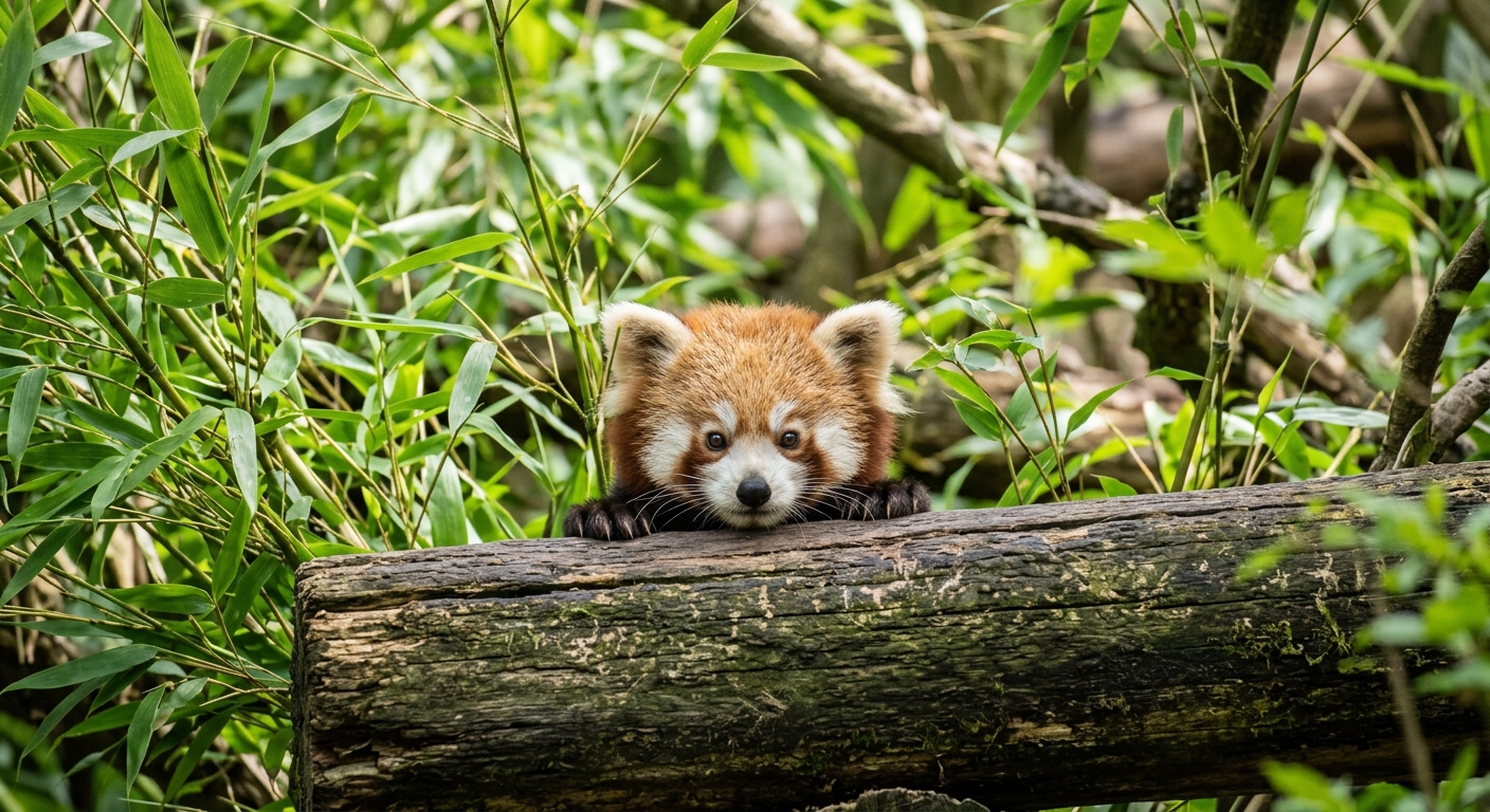 a small red panda cub curiously peeking over a wooden log surrounded by fresh green bamboo in a wildlife conservation enclosure, natural everyday lighting, shot