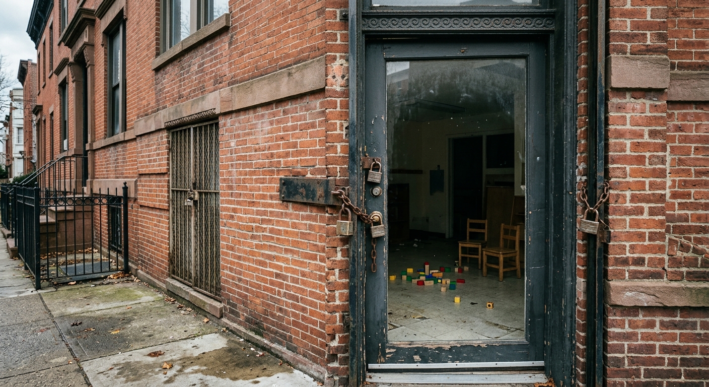 a heavily padlocked glass door of an urban daycare center located in a traditional brick row building