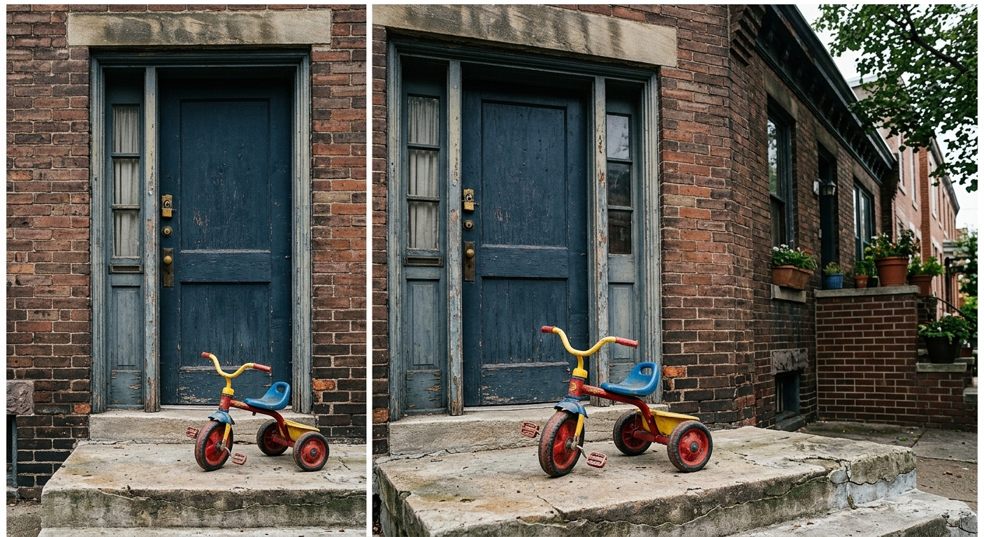 a locked wooden front door of a typical brick rowhouse with an abandoned, brightly colored children's tricycle sitting alone on the concrete stoop, natural ever