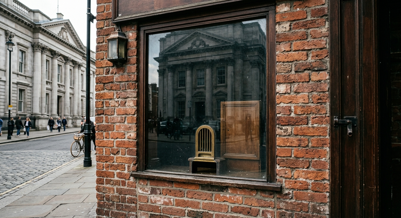 a closed glass box office window at a classic brick concert venue on a city street, with the reflection of a neoclassical stone building visible in the glass, n
