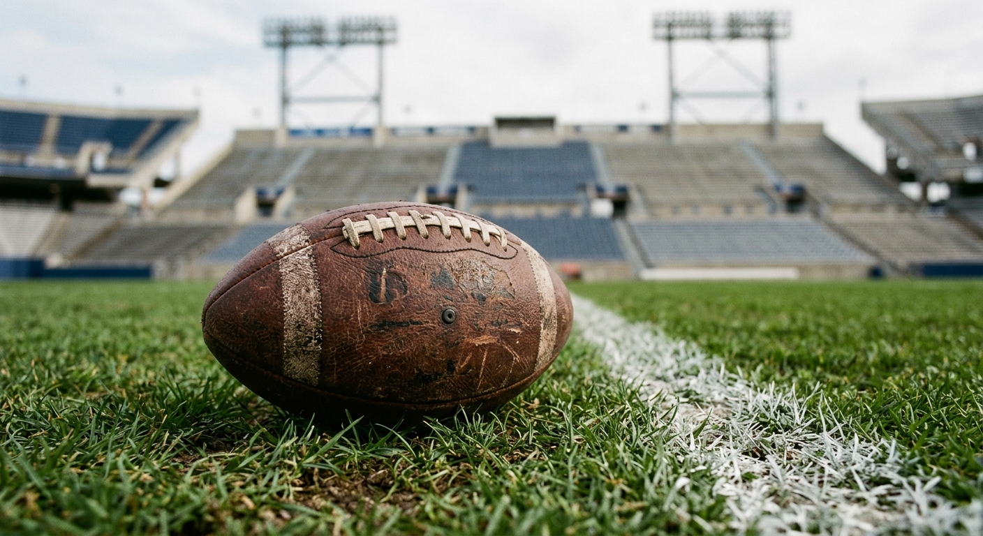 a scuffed brown American football resting on natural green stadium grass near a white chalk sideline, with out-of-focus stadium seating and lighting structures