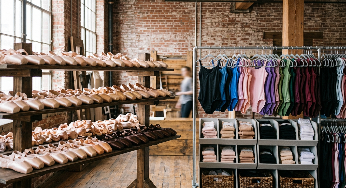 a neatly organized display inside an urban community arts building featuring rows of ballet pointe shoes in varying shades of tan, brown, and pink, alongside ra
