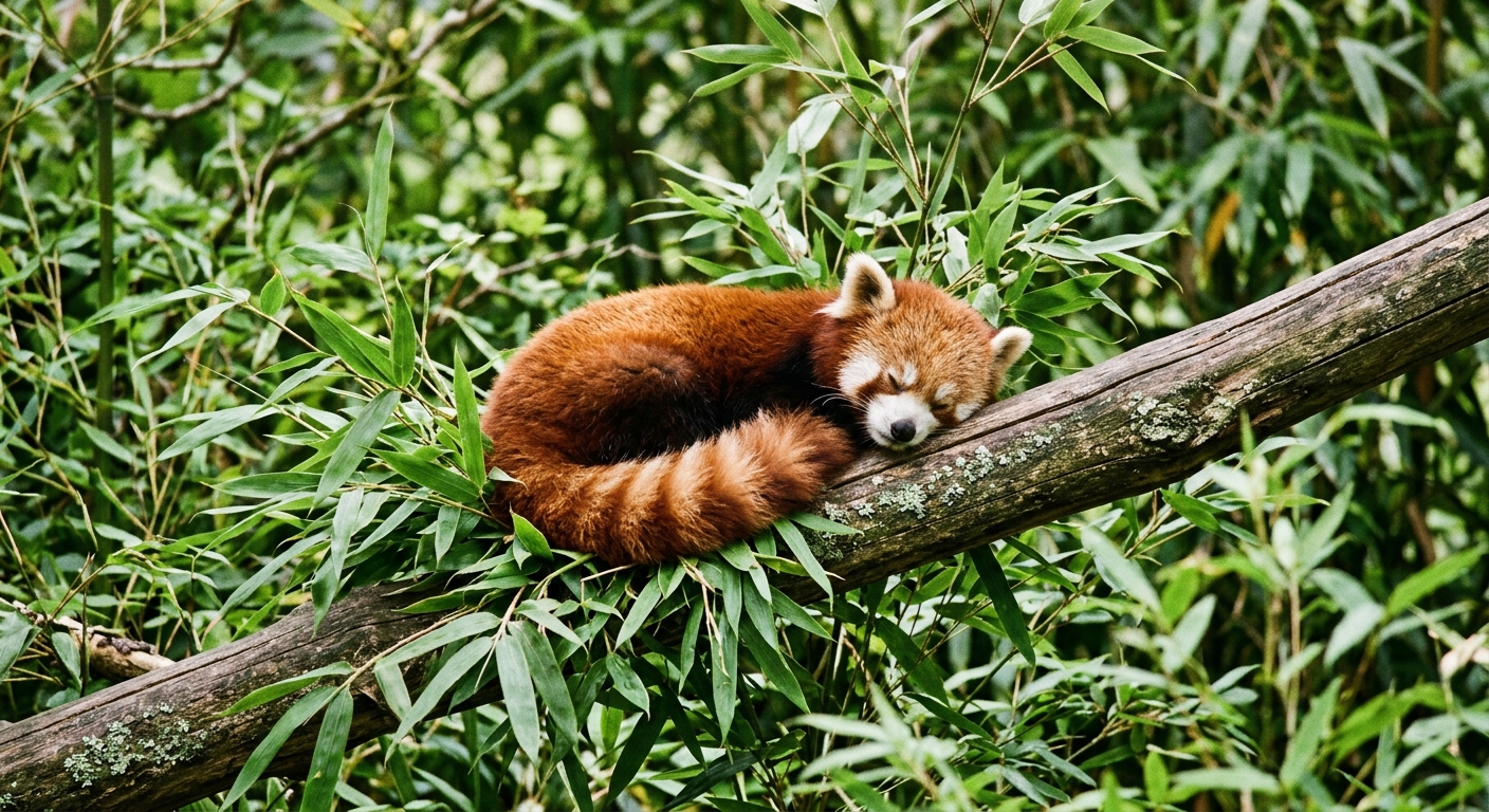 a young red panda cub with auburn fur resting on a wooden climbing branch surrounded by green bamboo leaves and natural enclosure foliage, natural everyday ligh