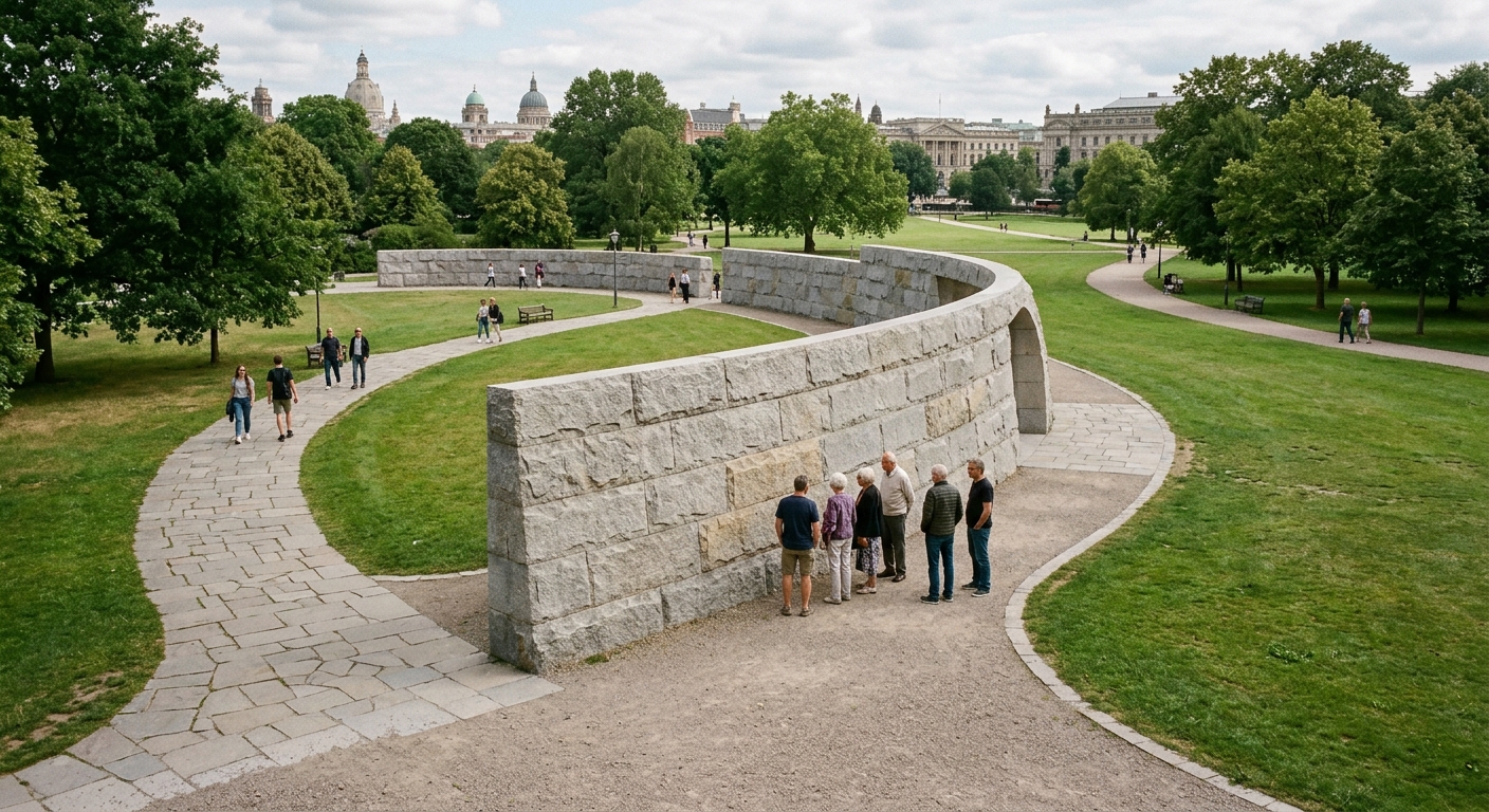 a newly constructed curved stone war memorial in a large grassy park with paved walkways and trees, generic visitors standing near the structure looking at the