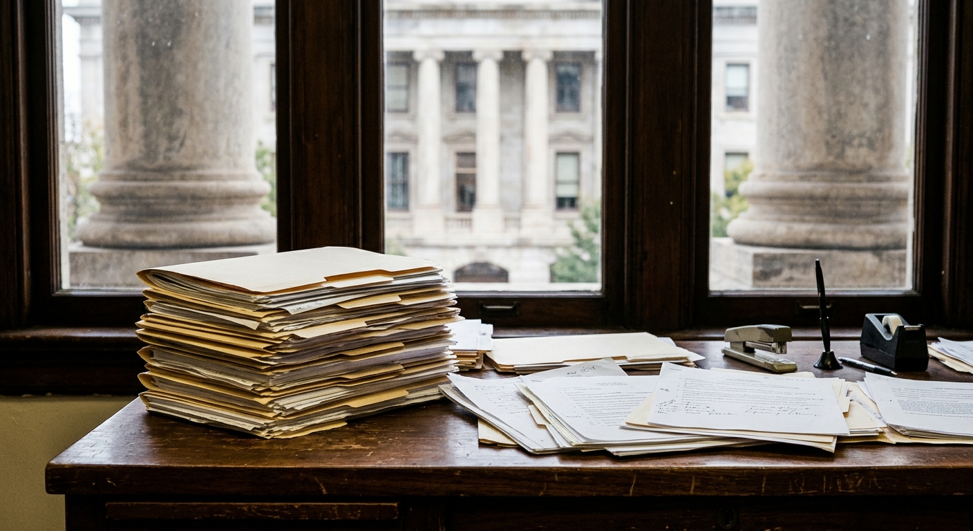 a stack of manila legal folders and scattered paperwork on a dark wooden desk, with the blurred stone columns of a classic government building visible through t