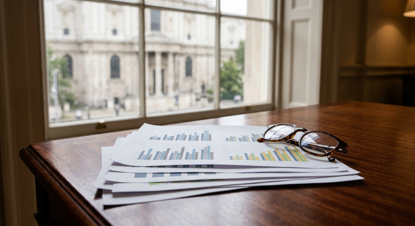 a stack of printed bar graphs and a pair of reading glasses on a polished mahogany desk, with a blurred view of neoclassical stone architecture visible through