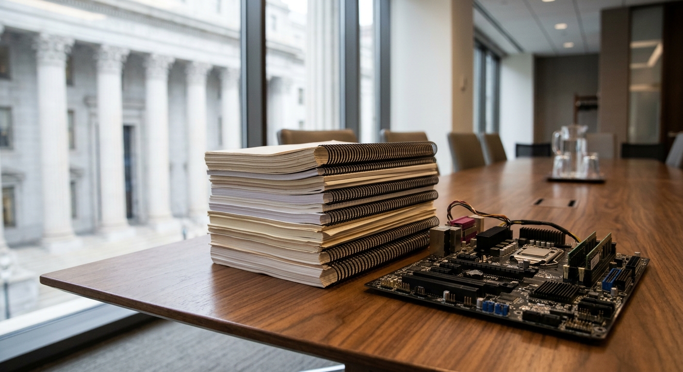 a thick stack of bound financial reports resting next to a complex computer motherboard on a polished wooden conference table, with the blurred neoclassical sto