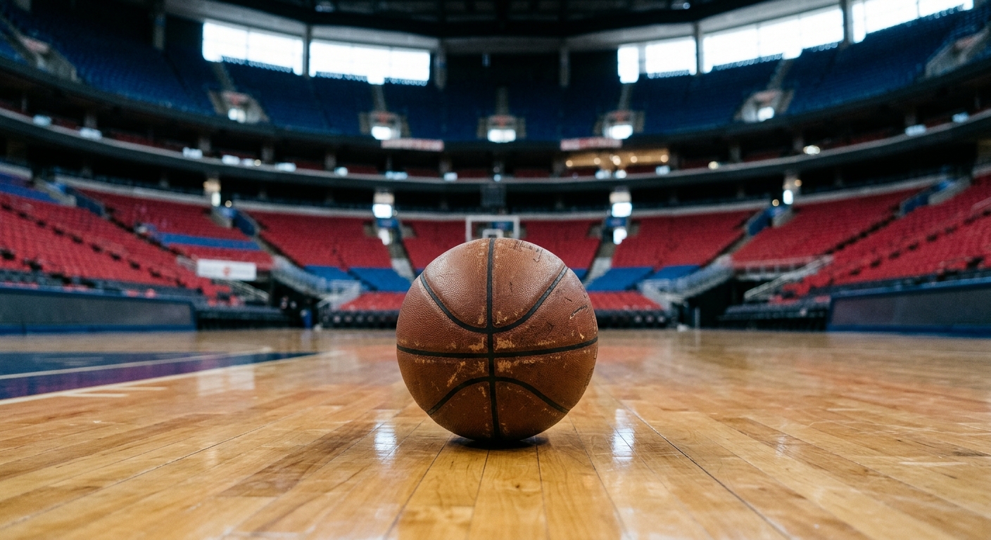 a leather basketball resting on a polished hardwood court inside a large professional sports arena with blurred red and blue stadium seats in the background, na