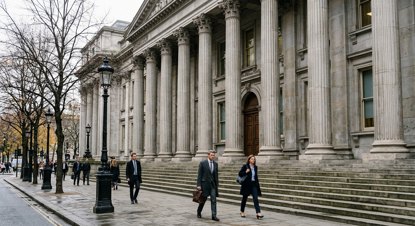 the grand stone columns and steps of a neoclassical government financial building, with a few pedestrians in business suits walking past bare trees and street l