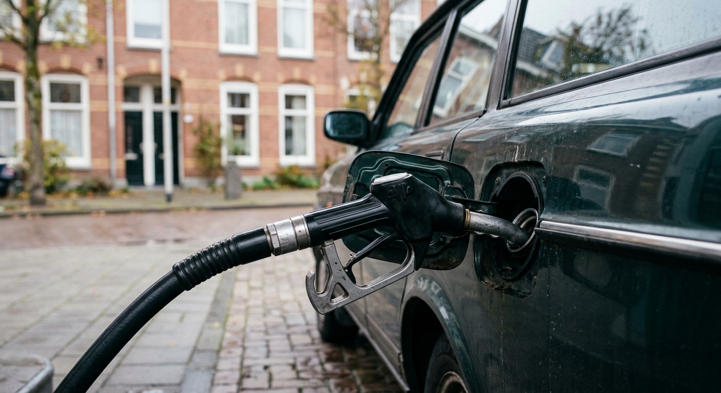 a close-up of a fuel pump nozzle resting inside the gas tank of a parked car, with softly blurred traditional brick rowhouses in the background, natural everyda