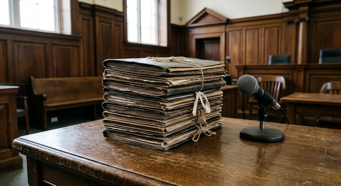 a stack of legal document folders and a microphone resting on a heavy wooden desk inside a local municipal council chamber, featuring classic government buildin