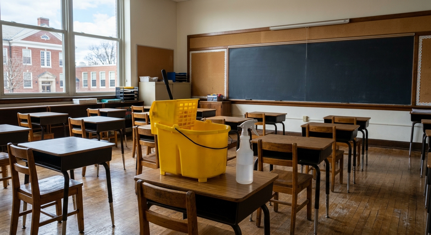an empty elementary school classroom with small wooden desks, a yellow mop bucket and a blank spray bottle resting on one of the tables for deep sanitization, a